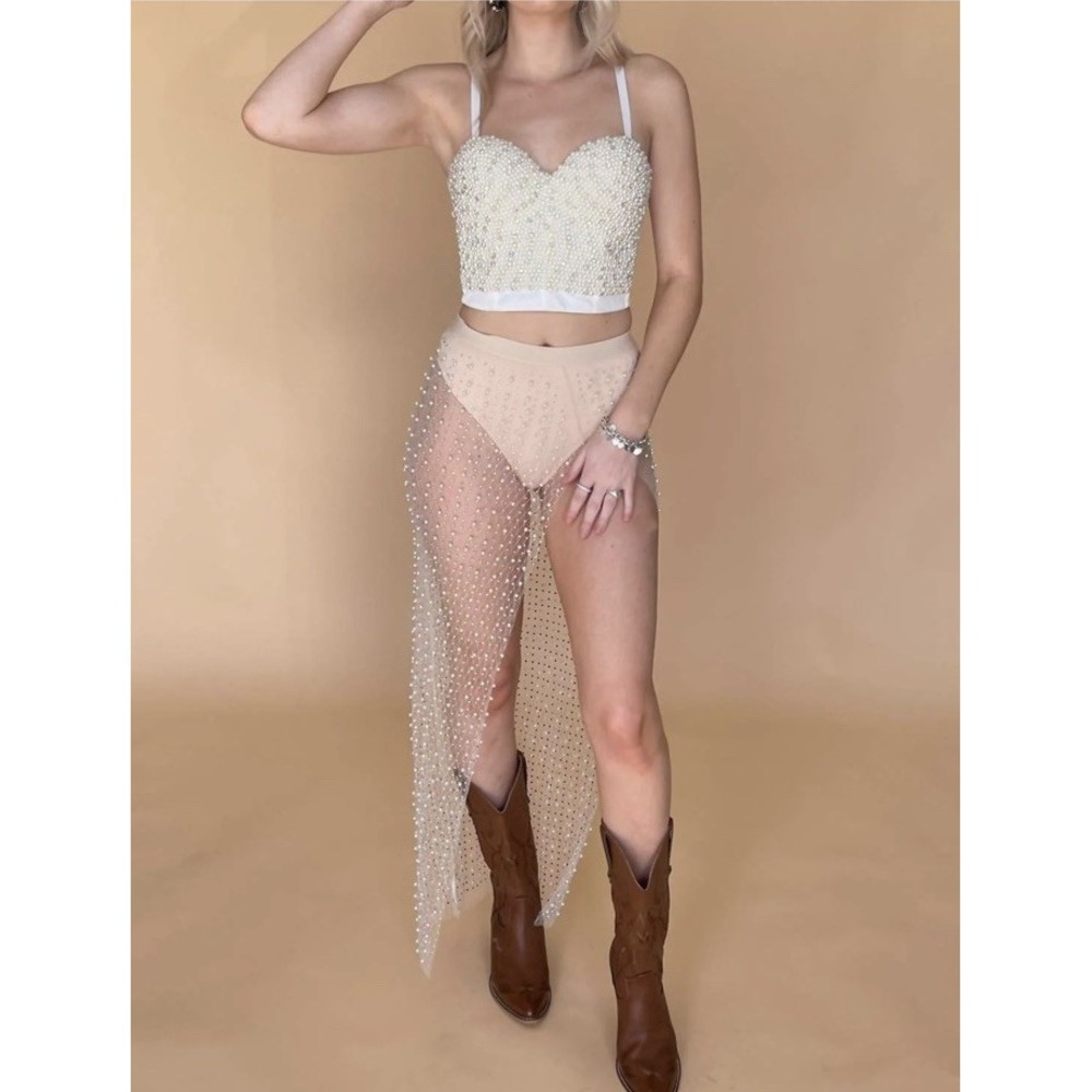 Hot & Delicious Luna Pearl Rhinestone Lg Cover Up Sheer‎ Mesh Skirt Bachelorette
